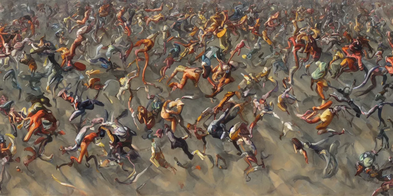 Image similar to flying cephalopods racing towards a crowd of excited humans, race theme future oil on canvas