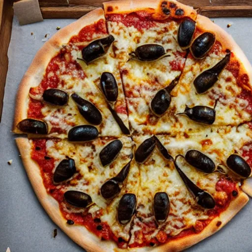 Prompt: a gourmet pizza but with bees as the topping