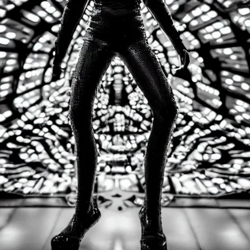 Image similar to fashion photography of an alien model, wearing a rave outfit from the nineties, inside berghain, black and white, photo 3 5 mm leica, hyperdetail, berghain, 8 k, very detailed