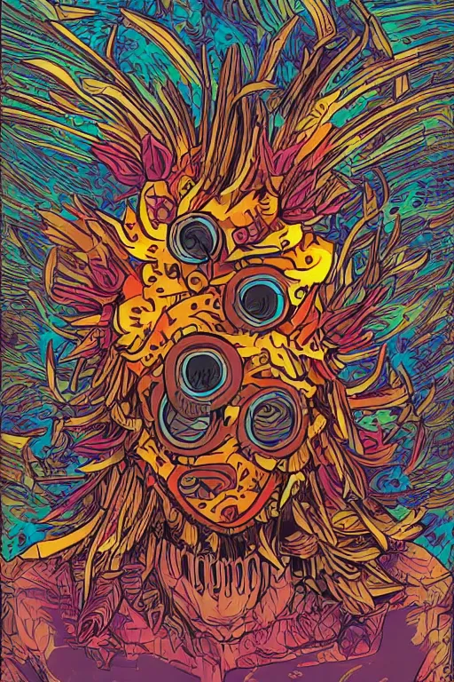 Image similar to animal mask totem roots flower tribal feather gemstone plant wood rock shaman vodoo video game vector cutout illustration vivid multicolor borderlands comics by josan gonzales and dan mumford radiating a glowing aura