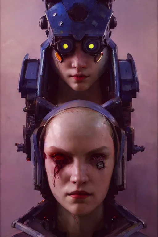 Image similar to full character portrait max mad cyberpunk, half - robot solider girl character design, final fantasy face, painting by gaston bussiere, katsuya terada, nc wyeth, greg rutkowski, craig mullins, vermeer, trending on artstation, jeffery catherine jones