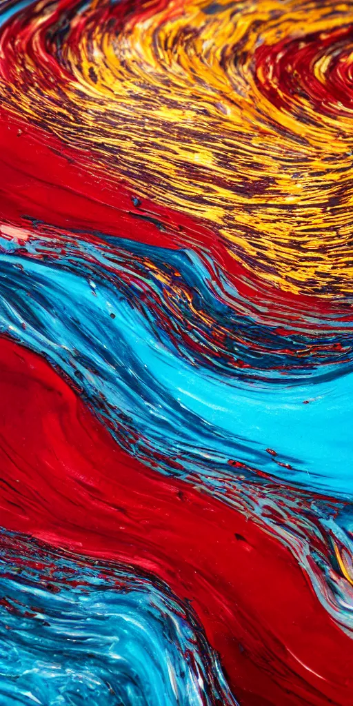 Prompt: a macro shot of thick viscous paint, brilliant white ink, dark turquoise oil paint, deep red fluid paint, liquid gold, flowing creating waves, hyper realistic, hyper detailed, fluidity, subtle depth of field,