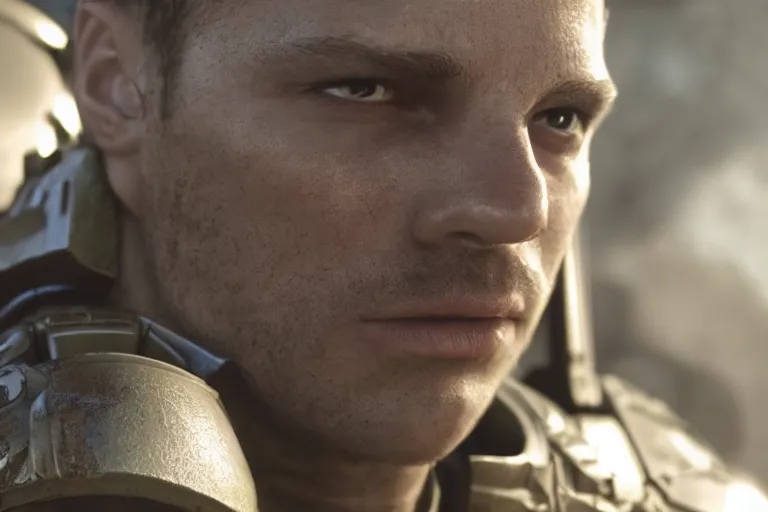 Image similar to VFX movie of a futuristic spacemarine closeup portrait in war zone, beautiful natural skin natural lighting by Emmanuel Lubezki