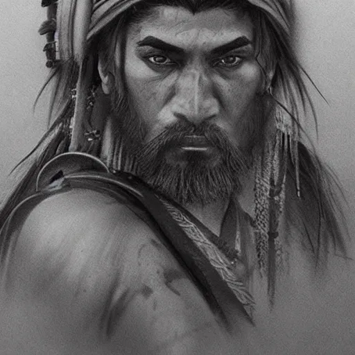 Image similar to Kurdish samurai, detailed charcoal sketch, realistic, incredibly detailed, award winning art, cinematic, extremely high detail, concept art, 4k fantasy art, trending on artstation