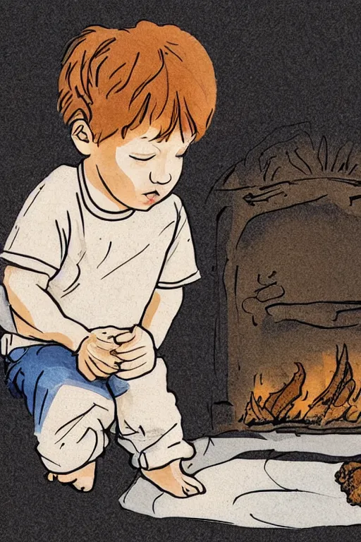 Prompt: a little boy with ginger hair curled up asleep in a cozy living room near the fireplace. clean elegant simple illustration, beautiful detailed face.