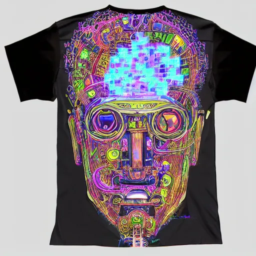 Prompt: mockup of a black tshirt with a hyperdetailed portrait of a steampunk robot by hajime sorayama, 8 k, symetrical, flourescent colors, happy trippy mood, multicolored,