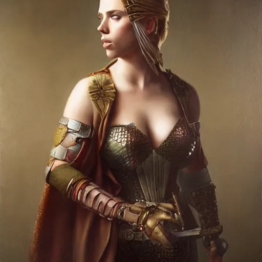 Image similar to the portrait of scarlett johansson as amazon in intricate dress by roberto ferri, fantasy, witcher, very detailed oil painting, masterpiece, 8 k