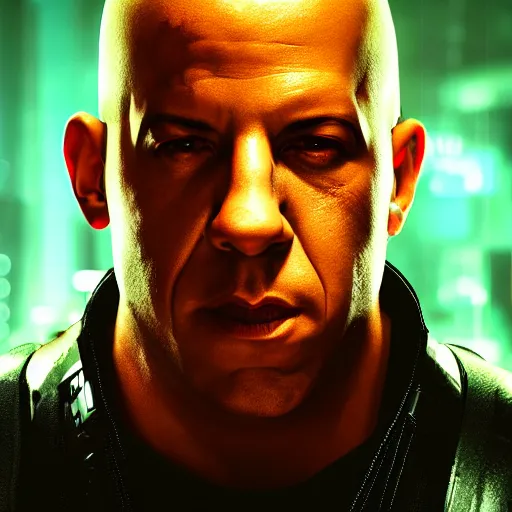 Prompt: vin diesel portrait, cyberpunk 2 0 7 7, cyberpunk jackie welles, photorealistic, ultra detailed, neon, octane, bokeh, cinematic lighting, cyber, cyberpunk city, studio quality, feature, scars, cyberface, 8 k