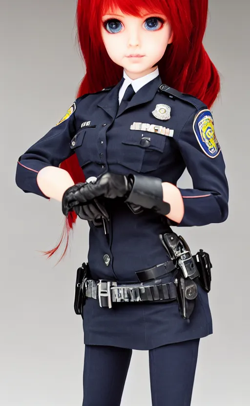 Image similar to dollfie in police uniform, red hair, blue eyes,