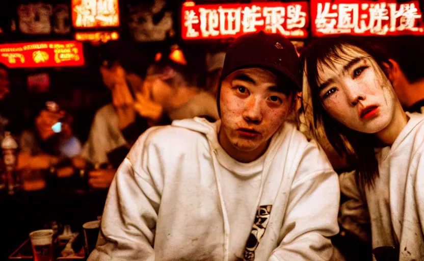 Prompt: cinestill 5 0 d photographic portrait of two white rats wearing streetwear talk at a bar in cyberpunk china, extreme closeup, modern cyberpunk, dust storm, 8 k, hd, high resolution, 3 5 mm, f / 3 2, ultra realistic faces, intricate detail, ex machina