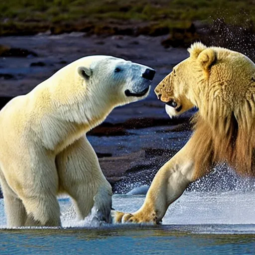 Prompt: A Polar Bear fighting an Male Lion