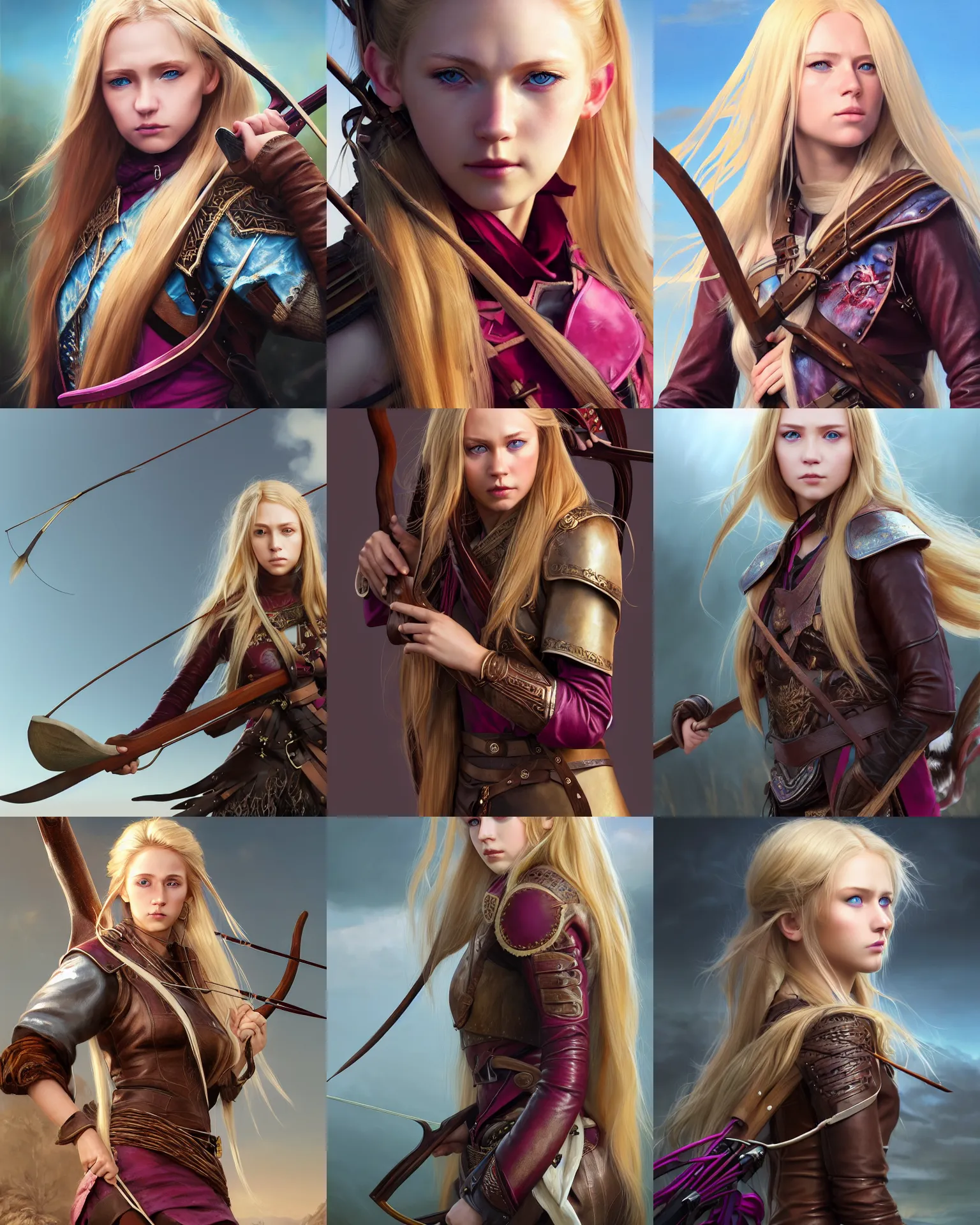 Prompt: wlop, krenz cushart, close detailed portrait digital painting of a young woman with long blonde hair and blue eyes. wearing brown and magenta leather tribal combat clothes. she is holding hunting bow. sunbeam, unreal engine, hyper realism, realistic shading, cinematic composition, blender render, octane render, hdr, detailed textures, photorealistic, 3 5 mm film