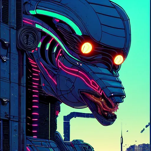 Image similar to A cyberpunk reptile viper head cyborg on the street of a cyberpunk city art by Josan Gonzalez, sci-fi, highly detailed, digital painting, artstation, smooth, sharp focus, illustration, concept art by Josan Gonzalez and James Gurney and Mœbius