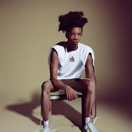 Image similar to !dream realistic photoshoot for a new adidas lookbook, color film photography, portrait of a beautiful person, in style of Tyler Mitchell, 35mm, graflex