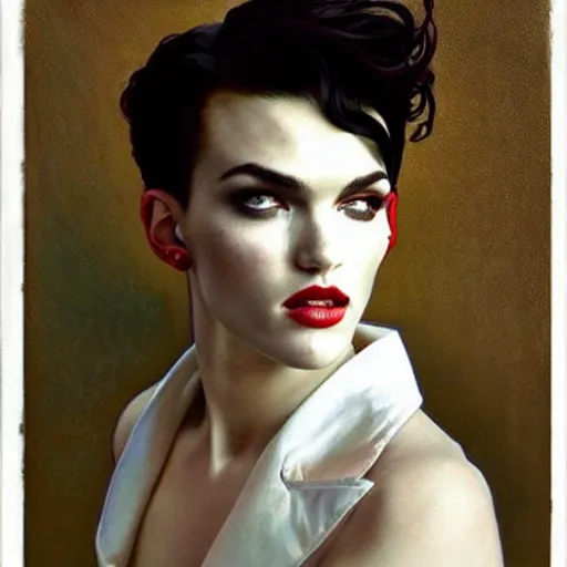 Image similar to ravishing portrait of androgynous ruby rose as desire from sandman in a white tuxedo!!!, rockabilly style,, by alphonse mucha, by jeremy mann, by peter lindbergh, dave mckean, by frank moth, white suit and black tie, soft lightning, high detailed, 8 k