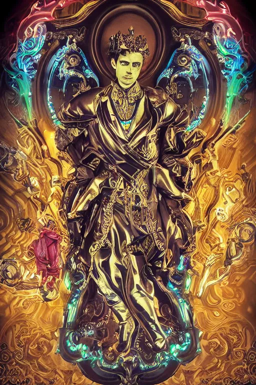 Image similar to full-body bladerunner neon rococo style sculpture of a young handsome Spanish prince as a half cibernetic android with a chest opening exposing circuitry and electric sparks, glowing laser beam eyes, crown of giant diamonds, flowing neon-colored silk, fabric, raptors. baroque elements. full-length view. baroque element. intricate artwork by caravaggio. many many birds birds on background. Trending on artstation, octane render, cinematic lighting from the right, hyper realism, octane render, 8k, depth of field, 3D