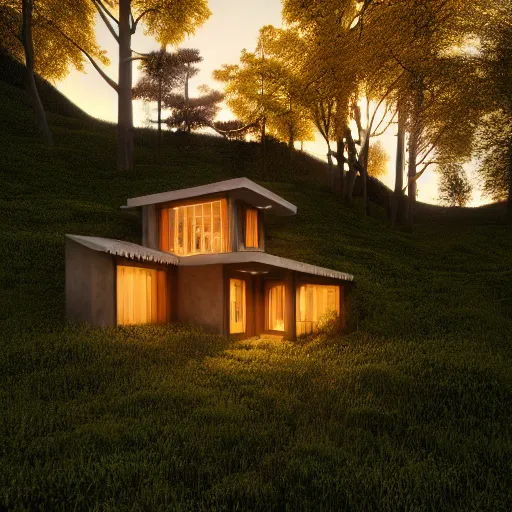 Image similar to small hillside house made of honey, modern lighting, hyper - realistic, hyper - detailed, 8 k, octane rendered, art nouveau, organic, flowing, impossible torsion, writhing, lush, dynamic