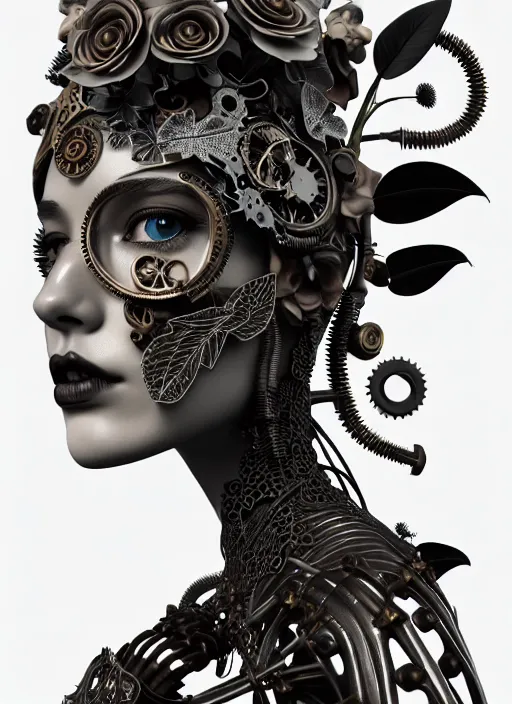 Image similar to monochrome 3 d model, steampunk biomechanical beautiful young female cyborg with porcelain profile face and a big floral eye, volumetric light, leaves foliage and stems, hibiscus flowers, boho floral vines, sinuous fine roots, fine foliage lace, alexander mcqueen, rim light, big gothic fashion pearl embroidered collar, octane render, 8 k