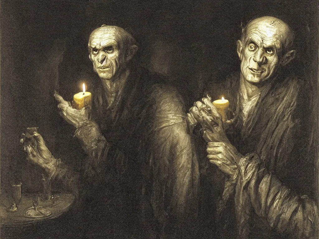 Prompt: Expressive portrait of an old frankenstein. Candlelight. Painting by Gustave Dore, rembrant