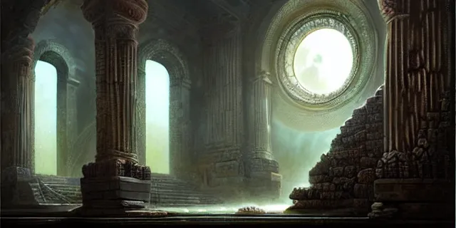 Image similar to beautiful hyperrealistic spectacular painting of the mysterious intricate ruins of the mysterious ancient temple, an advanced alien technology timemachine with a green glowing crystal from the future is inside the temple, by hubert robert and lee madwick and bastien lecouffe deharme, dramatic moonlight lighting, advanced technology