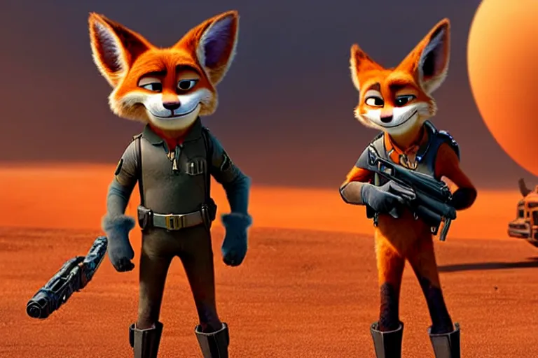 Image similar to nick wilde ( from zootopia ), heavily armed and armored facing down armageddon in a dark and gritty reboot from the makers of mad max : fury road