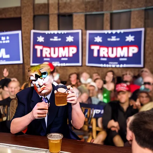 Image similar to donald trump drinking root beer infront of an audience, photography