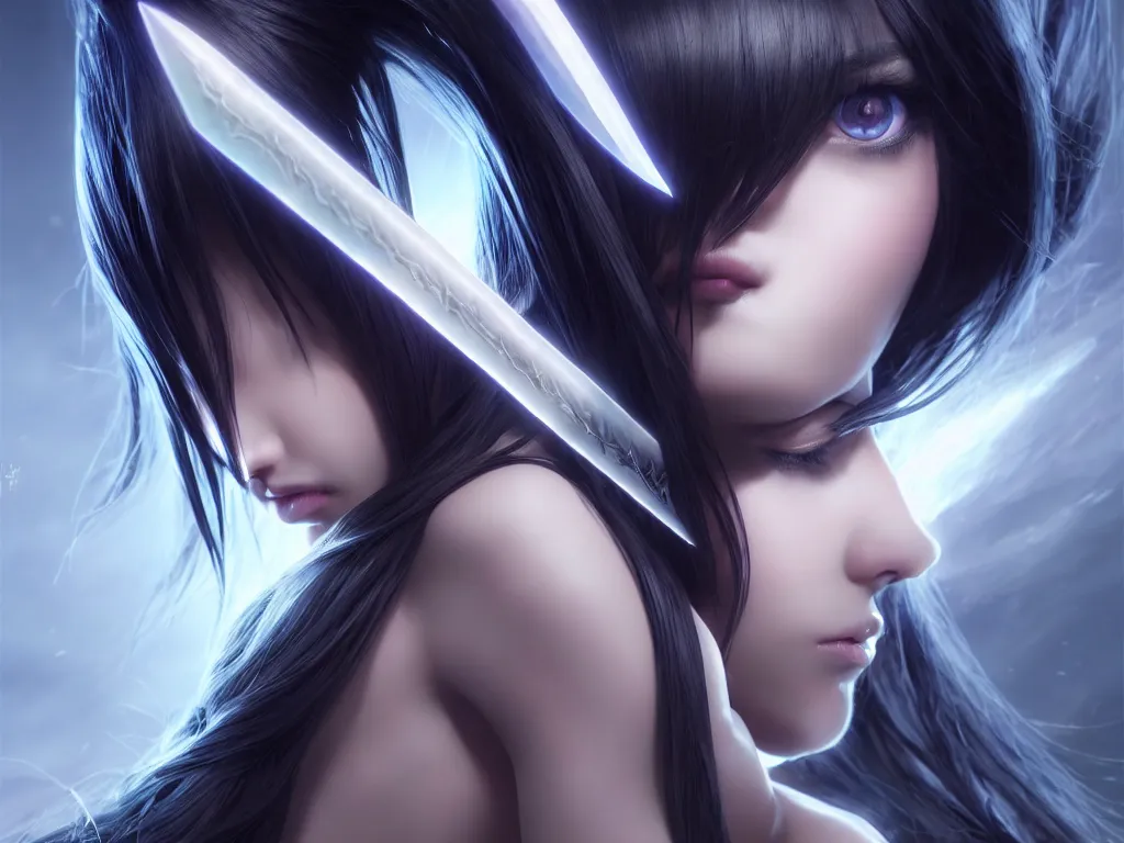 Image similar to extremely beautiful aesthetic ego sword in a shape of girl, black long hair, occlusion shadow, specular reflection, rim light, unreal engine, octane render, artgerm, artstation, art by hiroaki samura and jiro matsumoto and yusuke murata, high quality, highly detailed 8 k, fantasy illustration, beautiful shape of body