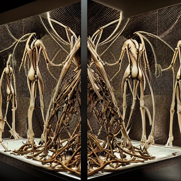 Prompt: symmetric frame from Prometheus, biomechanical gaia, by Neri Oxman and alexander mcqueen metal couture editorial, in mycelium hanging garden by giger by utagawa kuniyoshi