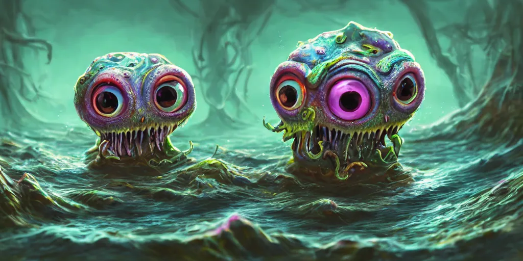 Prompt: of an intricate murky colorful river with strange cute friendly happy creatures with huge eyes long tongue round teeth and funny face appearing from the water, in the style of craola, macro lens, shallow depth of field, highly detailed, digital painting, trending artstation, concept art, illustration, cinematic lighting, vibrant colors, photorealism, epic, octane render