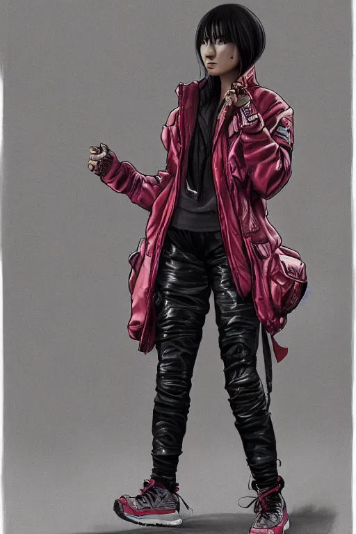 Image similar to a full body illustration of an Asian female cyberpunk character wearing baggy techwear jacket, leather pants and tennis shoes, highly detailed, soft lighting, by Glenn Fabry, HD, 4K