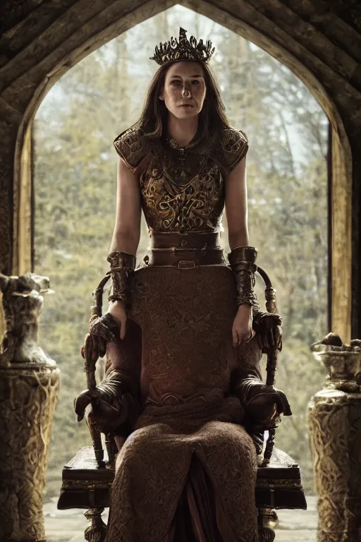 Image similar to the elder scrolls vi, charismatic regal brunette female jarl, portrait, rustic throne room, atmospheric lighting, painted, intricate, volumetric lighting, beautiful, daytime,, slight overcast weather, 4 0 0 0 k, sharp focus, deep colours, ultra detailed, by leesha hannigan, ross tran, thierry doizon, kai carpenter, ignacio fernandez rios