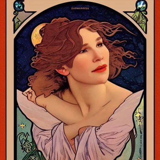 Image similar to renee zellweger portrait by louis - theophile hingre and alphonse mucha, realistic, sharp focus, zodiac signs, tarot cards, planets, ethereal, art nouveau, magic, moon, sun, crown, dreamy, royal, jewellery