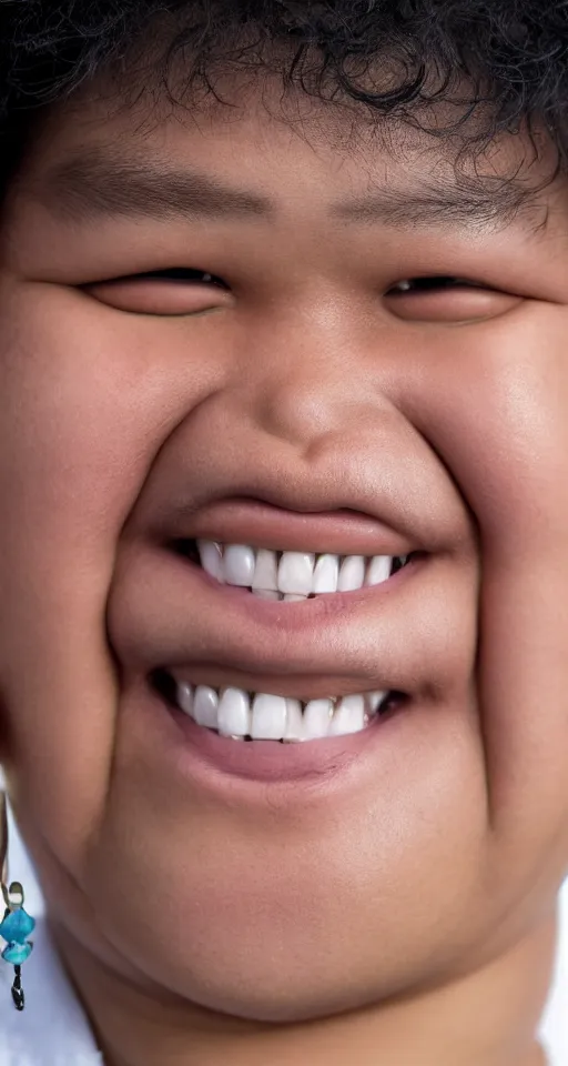 Prompt: close up photograph of a fat filipino teenage man smiling with crooked teeth, a curly perm, small studded earings, 4 k, photorealistic, high detail by annie leibovitz