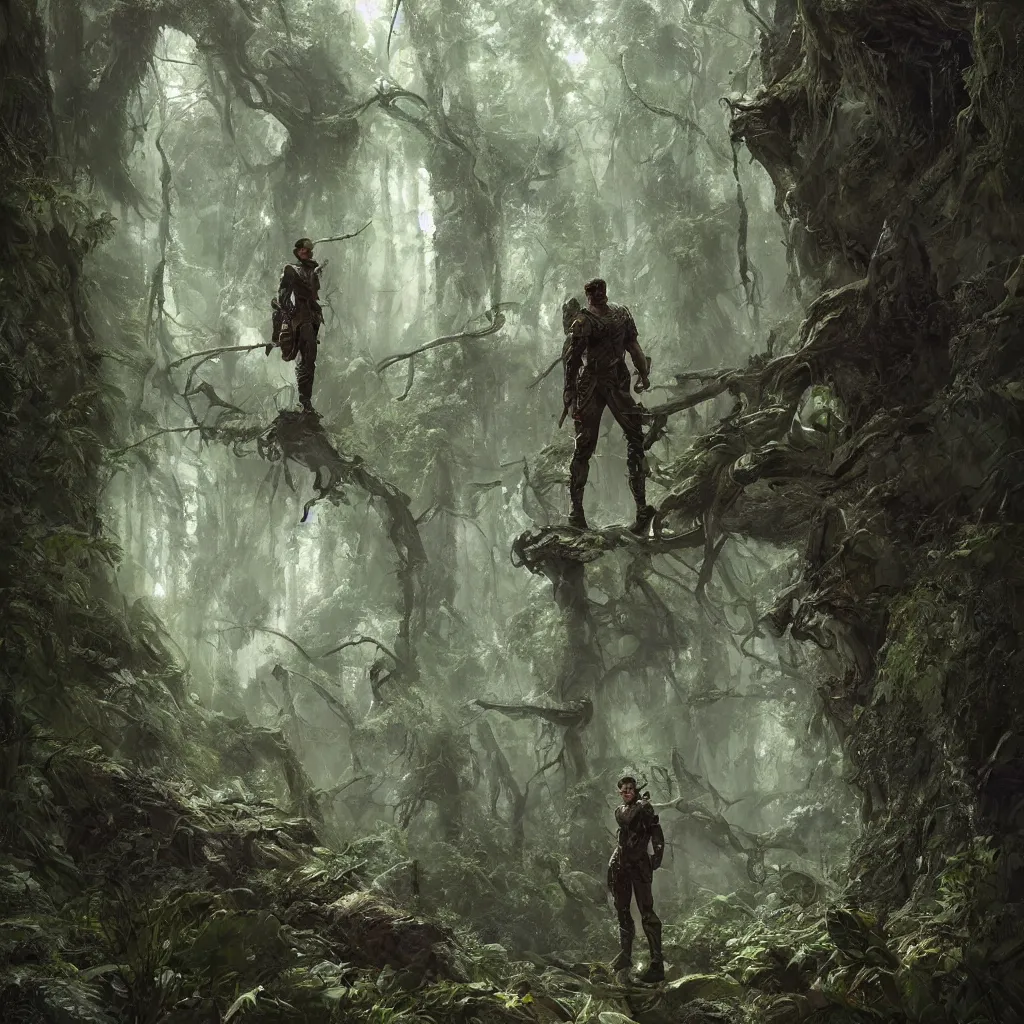 Image similar to a handsome male sci-fi solider exploring a magical rain forest, D&D, fantasy, intricate, cinematic lighting, highly detailed, digital painting, artstation, concept art, smooth, sharp focus, illustration, art by Terry Moore and Greg Rutkowski and Alphonse Mucha