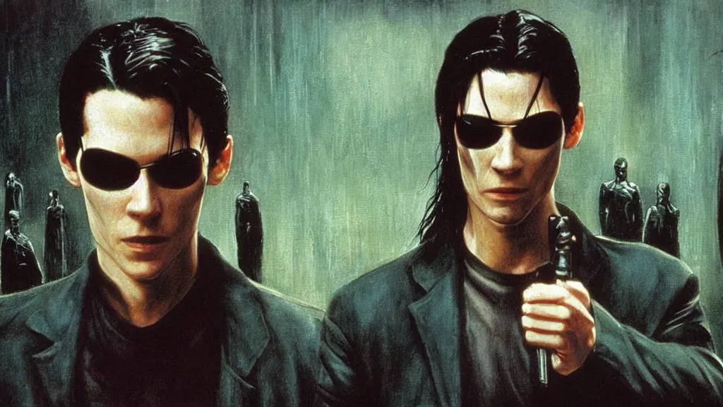 Prompt: an oil painting in the style of alan lee depicting neo from the movie the matrix ( 1 9 9 9 )