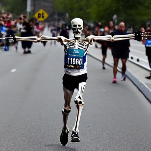Prompt: A skeleton crossing the finish to win a marathon, associated press photo, award winning photograph, dynamic pose, 8k, award-winning, sharp focus