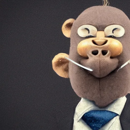 Image similar to a high detail closeup shot of a depressed monkey wearing a suit and smoking a cigar