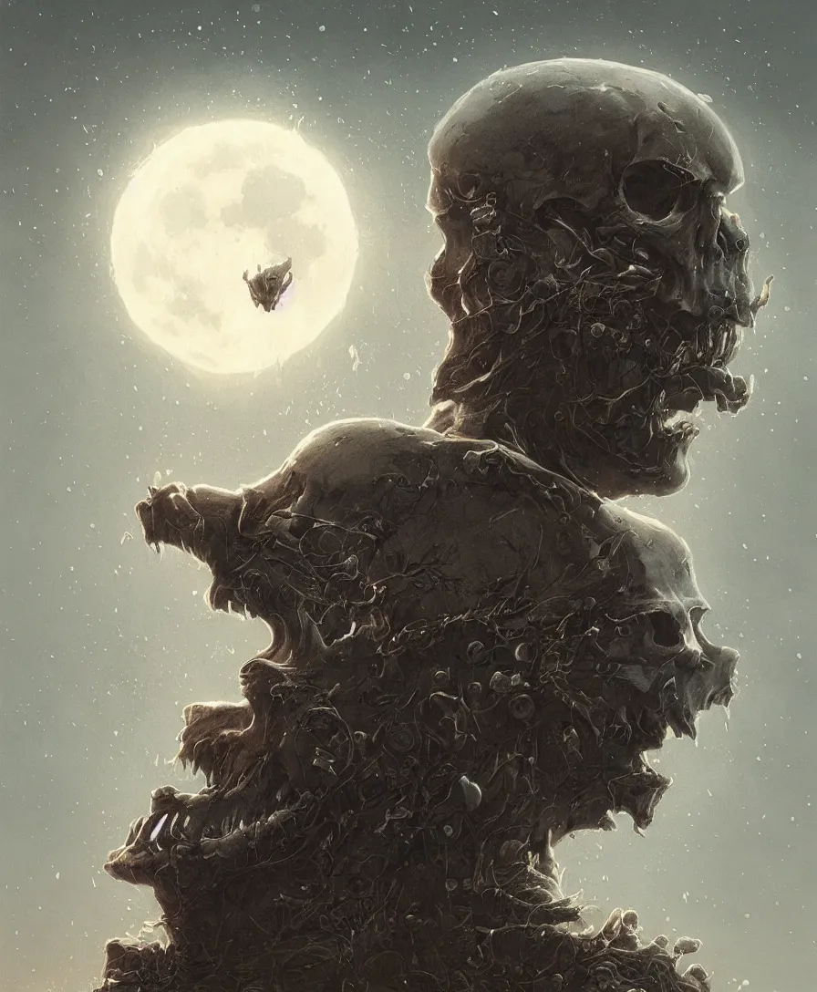 Prompt: portrait skull, raining, moon, illustrated by Simon Stålenhag and Gaston Bussiere, beautiful volumetric lighting style atmosphere, intricate, ultra detailed, photorealistic, trending on artstation