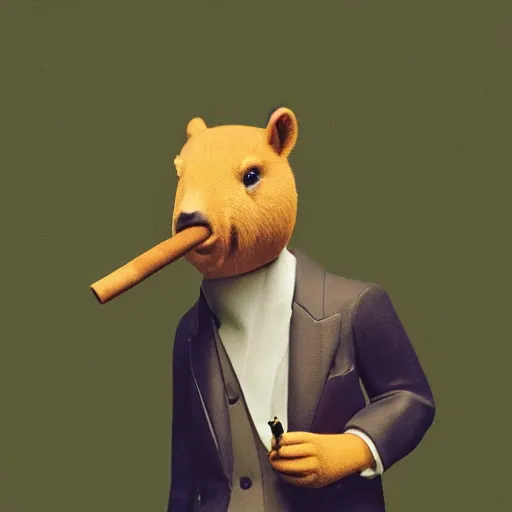 Image similar to a high detail photo of an antropomorphic capybara wearing a suit smoking a cigarrette, subject= duck, subject detail: wearing a suit, subject action: smoking a cigarrette photorealism