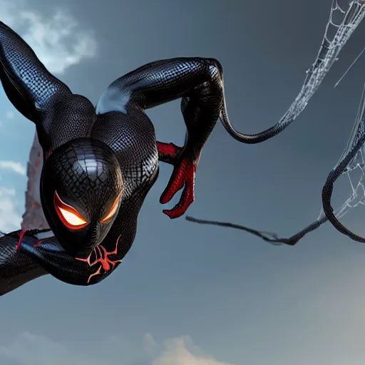 Image similar to a single venom and spider - man hybrid, dslr, cinematic, volumetric lighting, 8 k resolution, photorealistic