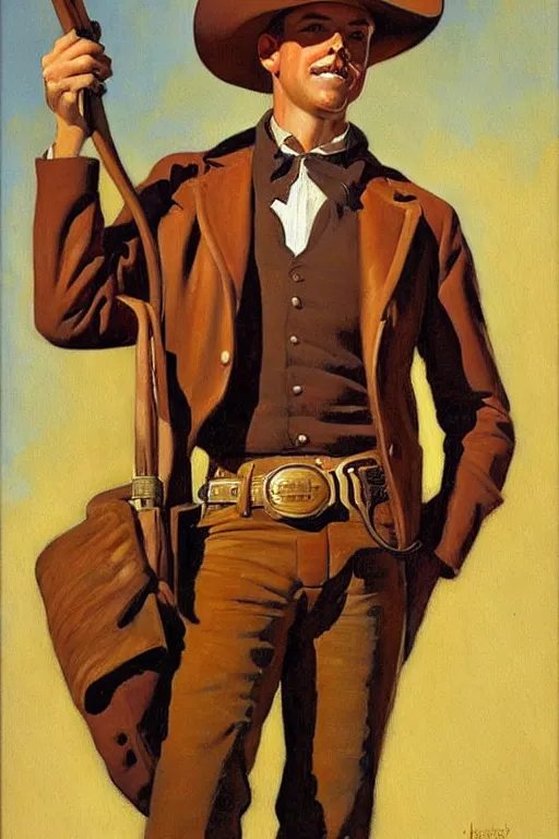 Image similar to attractive cowboy, painting by mark maggiori, j. c. leyendecker