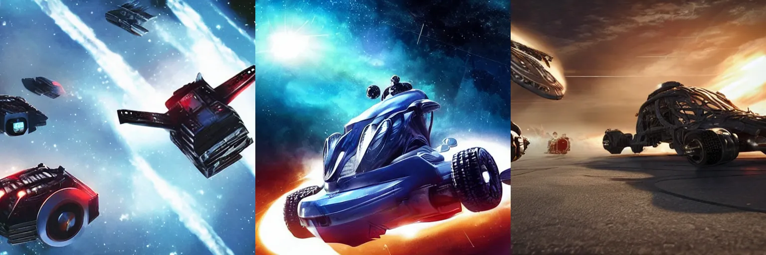 Prompt: the expanse giant space battle but it is go-carts instead of spaceships, hyperrealistic, futuristic, bleak