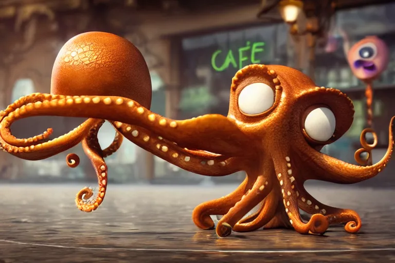 Image similar to Angry little octopus threatening with a fist from a cup of coffee in beautiful morning café in Paris. Pixar Disney 4K 3d render funny animation movie Oscar winning trending on ArtStation and Behance. Oscar Award winner