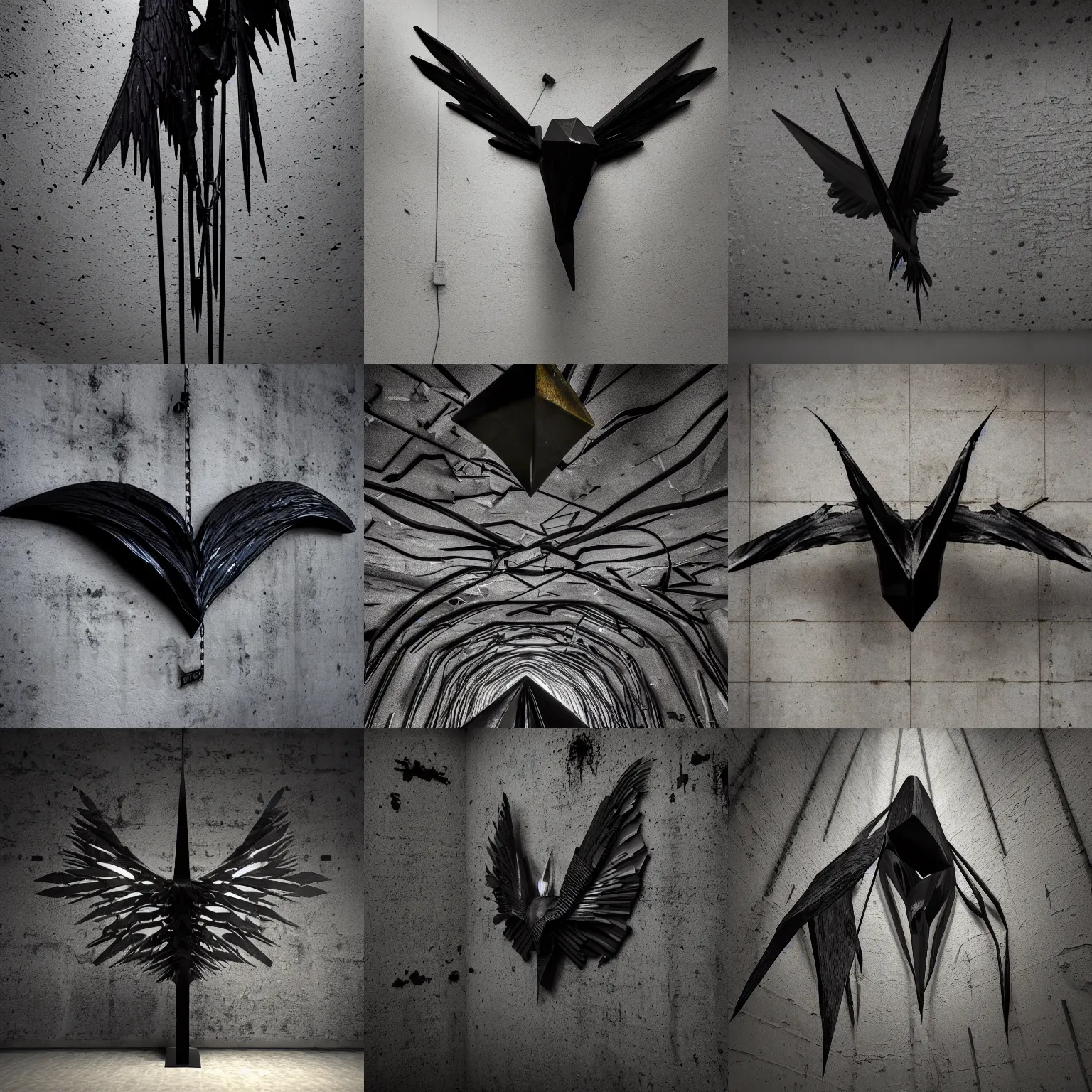 Prompt: asymmetrical 3d black metal vaguely winged abstract sculpture made of glossy black liquid latex, sharp irregular shapes, suspended from ceiling in abandoned tunnel, brutalist, 8k hyperrealistic, hyper-detailed, highly textured, dark volumetric lighting, fine details, muted, octane render, asymmetry —H 640