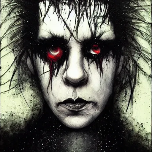 Image similar to gaunt ( the cure fan ) as dream from sandman, dim stars as eyes, by jeremy mann, by cedric peyravernay, by by russ mills, by richard avedon and ben templesmith, dramatic lightning, sadness, dark eye sockets, in the shadows, punk rock, gothic, high detailed, 8 k