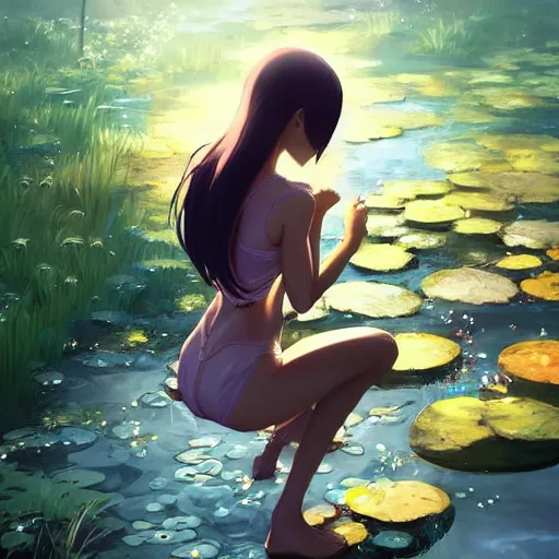 Image similar to fantasy woman girl kneeling in a pond miss attractive eye catching official fanart behance hd artstation by Rossdraws and Jesper Ejsing, by Makoto Shinkai and Lois van baarle, ilya kuvshinov, mystic, dreaming