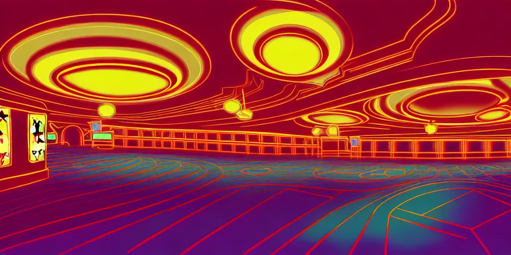 Prompt: extreme wide angle curly perspective digital art of indoor casino with a stage pale colors by anton fadeev from nightmare before christmas