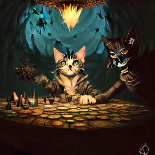 Image similar to Cat Witch, evil, brewing potion in witch Hut, magic the gathering artwork, horror, D&D, fantasy, cinematic lighting, centered, symmetrical, highly detailed, digital painting, artstation, concept art, smooth, sharp focus, illustration, volumetric lighting, epic Composition, 8k, art by Akihiko Yoshida and Greg Rutkowski and Craig Mullins, oil painting, cgsociety