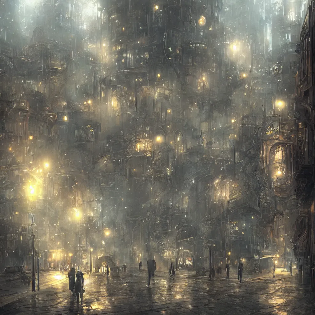 Image similar to steam punk city, concept art, light rain