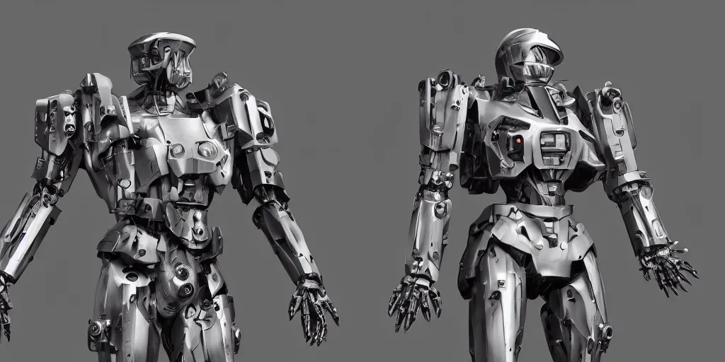 Image similar to multi sided view, 3/4 view, front back, of mecha suit of armor, photoreal, schematic, zbrush, octane render, ray tracing, 3d, artstation